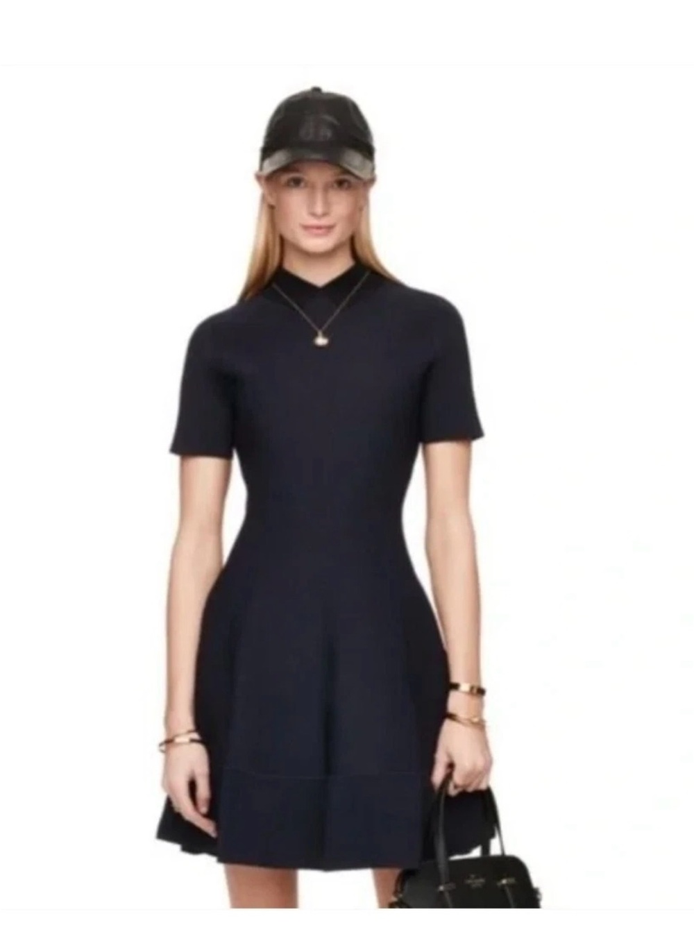 Kate Spade Trompe L’Oeil Navy Blue Black Peter Pan Collar Fit n Flare Dress Sz S